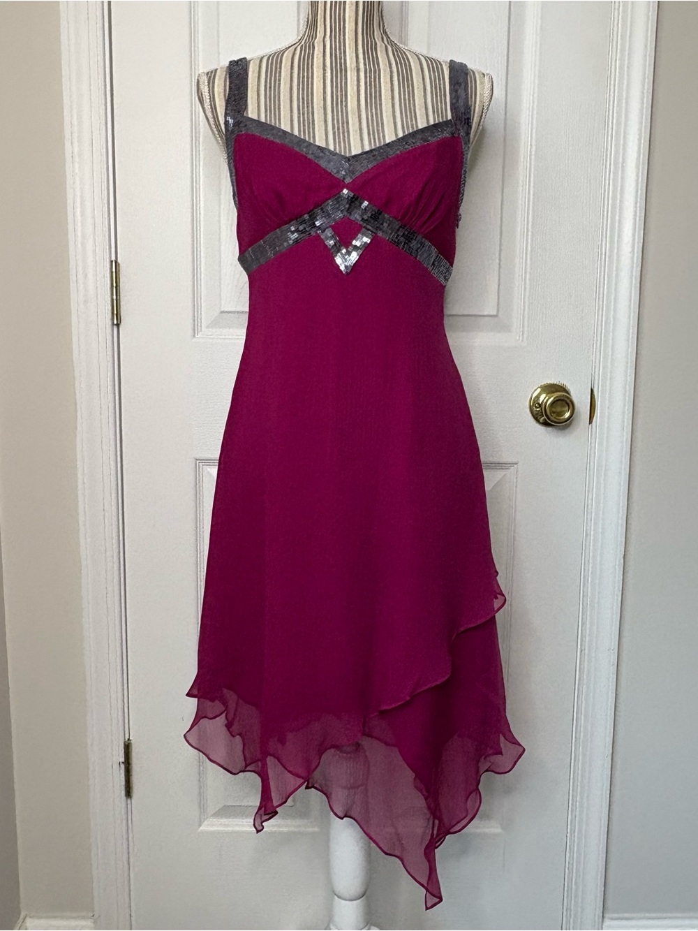 BCBGMAXAZRIA Vtg Y2K Silk Sequin Mermaidcore Fairy Handkerchief Hem Dress, 6